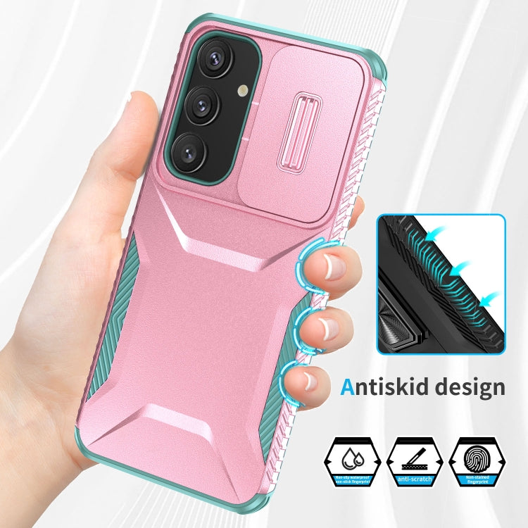For Samsung Galaxy S25+ 5G / S24+ 5G Sliding Camshield Phone Case(Pink + Grey Green) by buy2fix