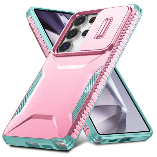 For Samsung Galaxy S25 Ultra 5G Sliding Camshield Phone Case(Pink + Grey Green) by buy2fix