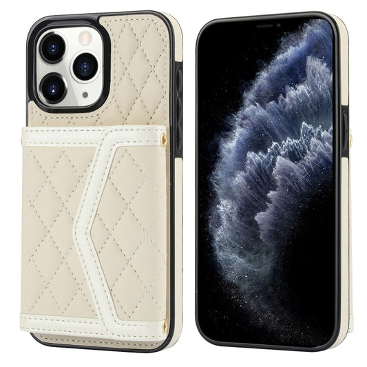 For iPhone 11 Pro Splicing Rhombic Texture Card Bag Phone Case with Long Lanyard(Beige) - iPhone 11 Pro Cases by buy2fix | Online Shopping UK | buy2fix