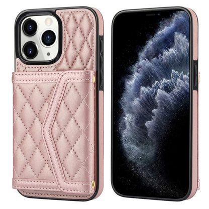 For iPhone 11 Pro Splicing Rhombic Texture Card Bag Phone Case with Long Lanyard(Rose Gold) - iPhone 11 Pro Cases by buy2fix | Online Shopping UK | buy2fix