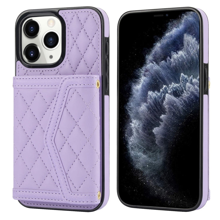 For iPhone 11 Pro Splicing Rhombic Texture Card Bag Phone Case with Long Lanyard(Purple) - iPhone 11 Pro Cases by buy2fix | Online Shopping UK | buy2fix