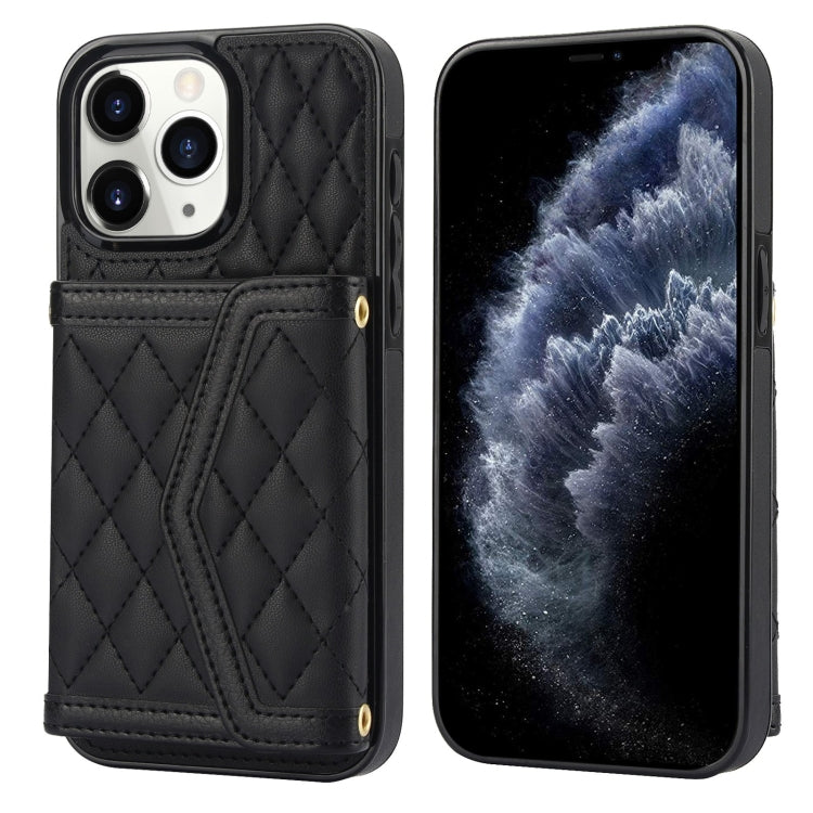 For iPhone 11 Pro Splicing Rhombic Texture Card Bag Phone Case with Long Lanyard(Black) - iPhone 11 Pro Cases by buy2fix | Online Shopping UK | buy2fix