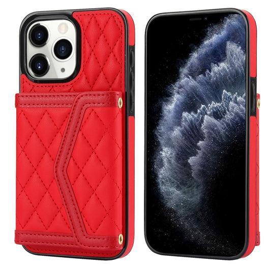 For iPhone 11 Pro Splicing Rhombic Texture Card Bag Phone Case with Long Lanyard(Red) - iPhone 11 Pro Cases by buy2fix | Online Shopping UK | buy2fix