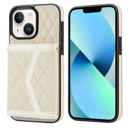 For iPhone 13 / 14 Splicing Rhombic Texture Card Bag Phone Case with Long Lanyard(Beige) - iPhone 14 Cases by buy2fix | Online Shopping UK | buy2fix