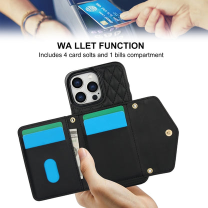For iPhone 13 / 14 Splicing Rhombic Texture Card Bag Phone Case with Long Lanyard(Black) - iPhone 14 Cases by buy2fix | Online Shopping UK | buy2fix