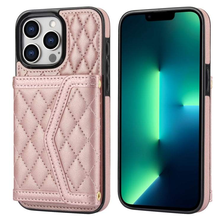 For iPhone 13 Pro Max Splicing Rhombic Texture Card Bag Phone Case with Long Lanyard(Rose Gold) - iPhone 13 Pro Max Cases by buy2fix | Online Shopping UK | buy2fix