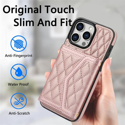 For iPhone 13 Pro Max Splicing Rhombic Texture Card Bag Phone Case with Long Lanyard(Rose Gold) - iPhone 13 Pro Max Cases by buy2fix | Online Shopping UK | buy2fix