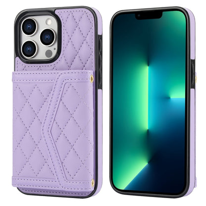 For iPhone 13 Pro Max Splicing Rhombic Texture Card Bag Phone Case with Long Lanyard(Purple) - iPhone 13 Pro Max Cases by buy2fix | Online Shopping UK | buy2fix