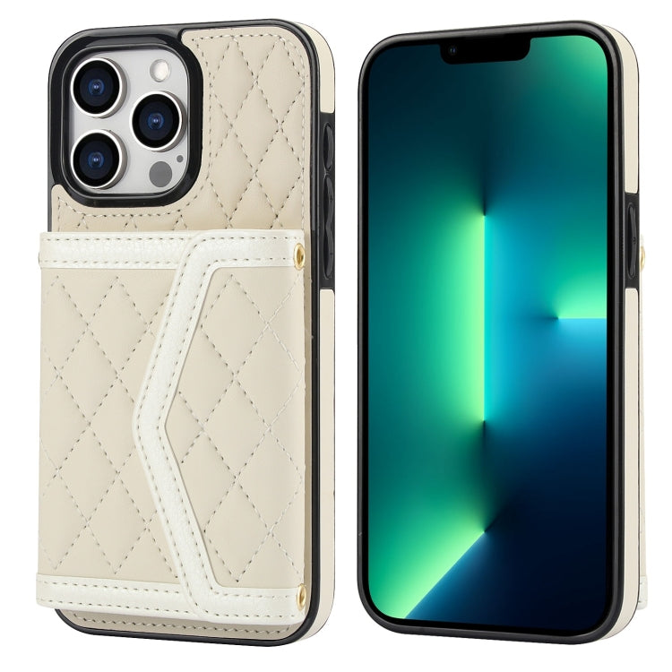 For iPhone 13 Pro Splicing Rhombic Texture Card Bag Phone Case with Long Lanyard(Beige) - iPhone 13 Pro Cases by buy2fix | Online Shopping UK | buy2fix