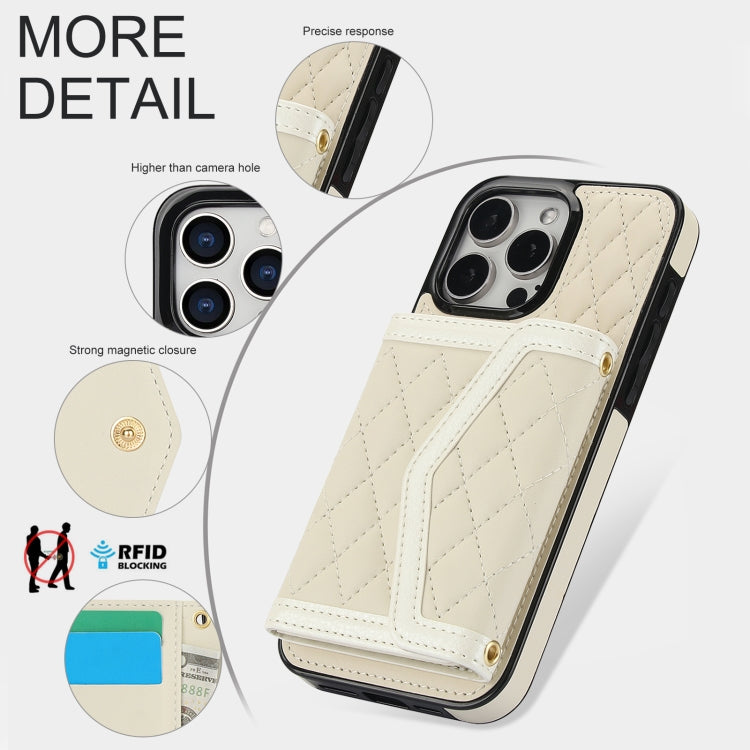For iPhone 13 Pro Splicing Rhombic Texture Card Bag Phone Case with Long Lanyard(Beige) - iPhone 13 Pro Cases by buy2fix | Online Shopping UK | buy2fix