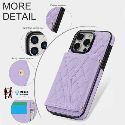 For iPhone 13 Pro Splicing Rhombic Texture Card Bag Phone Case with Long Lanyard(Purple) - iPhone 13 Pro Cases by buy2fix | Online Shopping UK | buy2fix