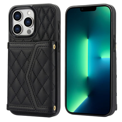For iPhone 13 Pro Splicing Rhombic Texture Card Bag Phone Case with Long Lanyard(Black) - iPhone 13 Pro Cases by buy2fix | Online Shopping UK | buy2fix