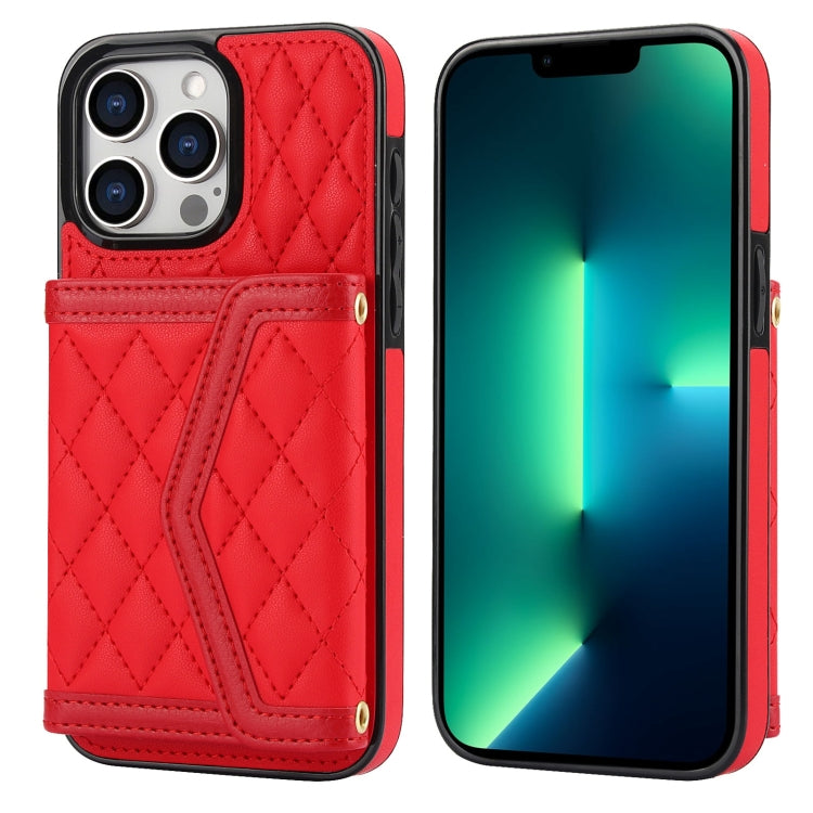 For iPhone 13 Pro Splicing Rhombic Texture Card Bag Phone Case with Long Lanyard(Red) - iPhone 13 Pro Cases by buy2fix | Online Shopping UK | buy2fix