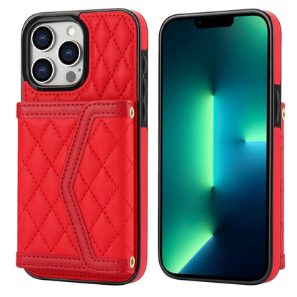 For iPhone 13 Pro Splicing Rhombic Texture Card Bag Phone Case with Long Lanyard(Red) - iPhone 13 Pro Cases by buy2fix | Online Shopping UK | buy2fix