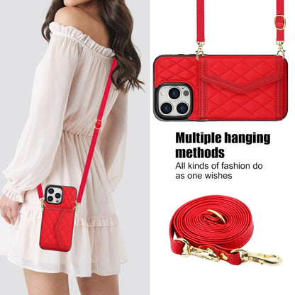 For iPhone 13 Pro Splicing Rhombic Texture Card Bag Phone Case with Long Lanyard(Red) - iPhone 13 Pro Cases by buy2fix | Online Shopping UK | buy2fix