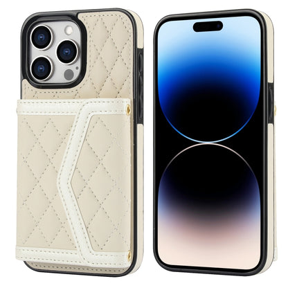 For iPhone 14 Pro Splicing Rhombic Texture Card Bag Phone Case with Long Lanyard(Beige) - iPhone 14 Pro Cases by buy2fix | Online Shopping UK | buy2fix