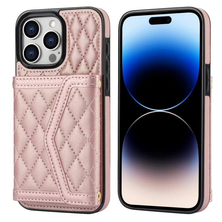 For iPhone 14 Pro Splicing Rhombic Texture Card Bag Phone Case with Long Lanyard(Rose Gold) - iPhone 14 Pro Cases by buy2fix | Online Shopping UK | buy2fix