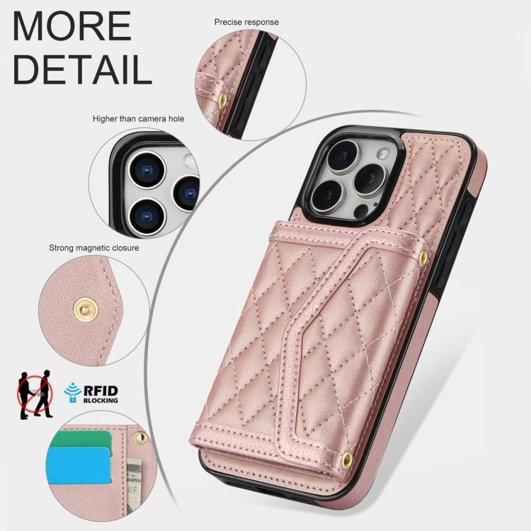 For iPhone 14 Pro Splicing Rhombic Texture Card Bag Phone Case with Long Lanyard(Rose Gold) - iPhone 14 Pro Cases by buy2fix | Online Shopping UK | buy2fix