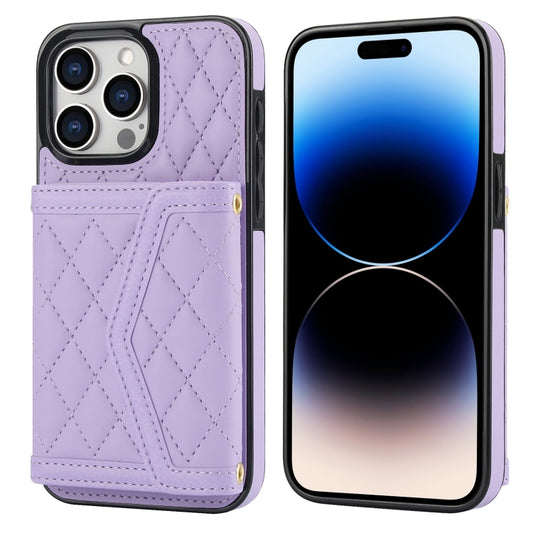 For iPhone 14 Pro Splicing Rhombic Texture Card Bag Phone Case with Long Lanyard(Purple) - iPhone 14 Pro Cases by buy2fix | Online Shopping UK | buy2fix