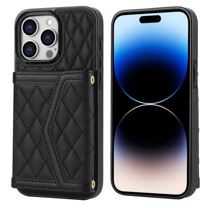 For iPhone 14 Pro Splicing Rhombic Texture Card Bag Phone Case with Long Lanyard(Black) - iPhone 14 Pro Cases by buy2fix | Online Shopping UK | buy2fix
