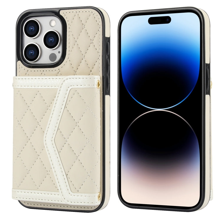For iPhone 14 Pro Max Splicing Rhombic Texture Card Bag Phone Case with Long Lanyard(Beige) - iPhone 14 Pro Max Cases by buy2fix | Online Shopping UK | buy2fix