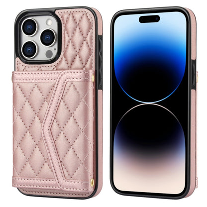 For iPhone 14 Pro Max Splicing Rhombic Texture Card Bag Phone Case with Long Lanyard(Rose Gold) - iPhone 14 Pro Max Cases by buy2fix | Online Shopping UK | buy2fix