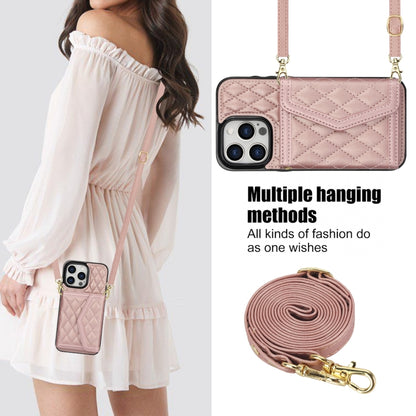For iPhone 14 Pro Max Splicing Rhombic Texture Card Bag Phone Case with Long Lanyard(Rose Gold) - iPhone 14 Pro Max Cases by buy2fix | Online Shopping UK | buy2fix