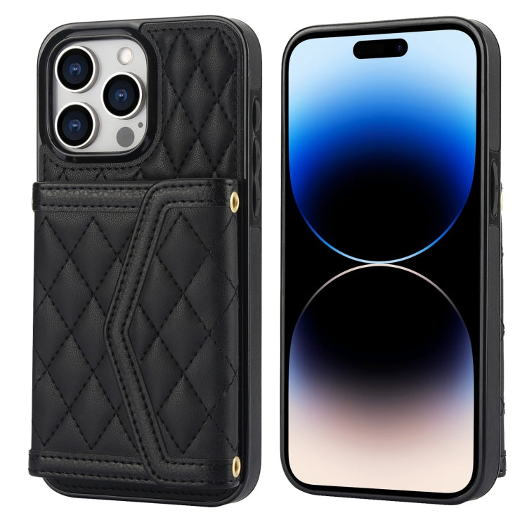 For iPhone 14 Pro Max Splicing Rhombic Texture Card Bag Phone Case with Long Lanyard(Black) - iPhone 14 Pro Max Cases by buy2fix | Online Shopping UK | buy2fix