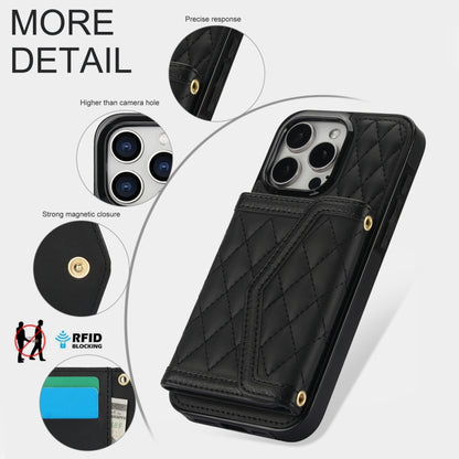 For iPhone 14 Pro Max Splicing Rhombic Texture Card Bag Phone Case with Long Lanyard(Black) - iPhone 14 Pro Max Cases by buy2fix | Online Shopping UK | buy2fix