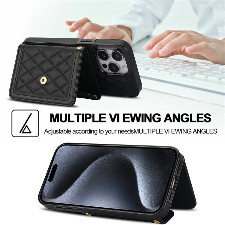 For iPhone 14 Pro Max Splicing Rhombic Texture Card Bag Phone Case with Long Lanyard(Black) - iPhone 14 Pro Max Cases by buy2fix | Online Shopping UK | buy2fix