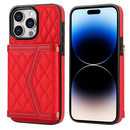 For iPhone 14 Pro Max Splicing Rhombic Texture Card Bag Phone Case with Long Lanyard(Red) - iPhone 14 Pro Max Cases by buy2fix | Online Shopping UK | buy2fix