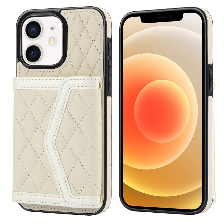 For iPhone 12 mini Splicing Rhombic Texture Card Bag Phone Case with Long Lanyard(Beige) - iPhone 12 mini Cases by buy2fix | Online Shopping UK | buy2fix