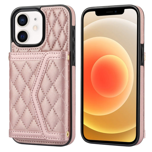 For iPhone 12 mini Splicing Rhombic Texture Card Bag Phone Case with Long Lanyard(Rose Gold) - iPhone 12 mini Cases by buy2fix | Online Shopping UK | buy2fix