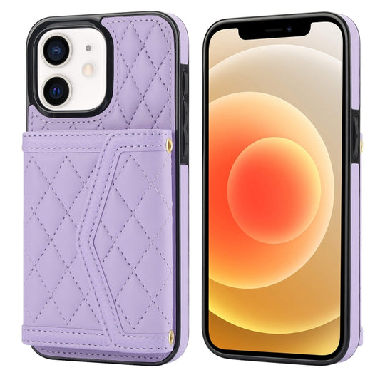 For iPhone 12 mini Splicing Rhombic Texture Card Bag Phone Case with Long Lanyard(Purple) - iPhone 12 mini Cases by buy2fix | Online Shopping UK | buy2fix