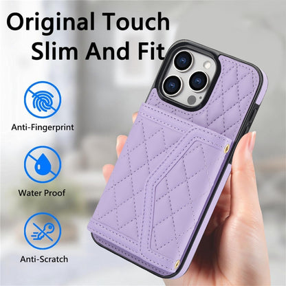 For iPhone 12 mini Splicing Rhombic Texture Card Bag Phone Case with Long Lanyard(Purple) - iPhone 12 mini Cases by buy2fix | Online Shopping UK | buy2fix
