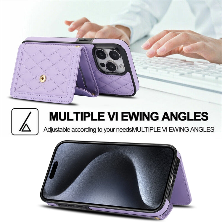 For iPhone 12 mini Splicing Rhombic Texture Card Bag Phone Case with Long Lanyard(Purple) - iPhone 12 mini Cases by buy2fix | Online Shopping UK | buy2fix