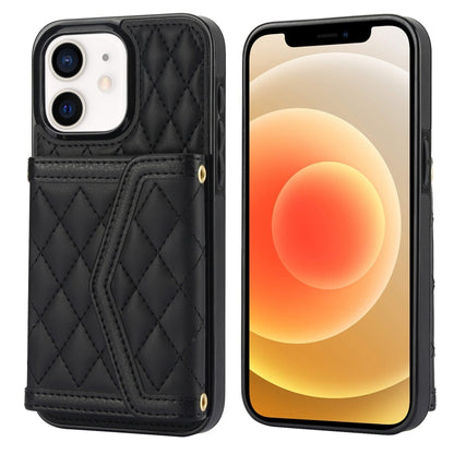 For iPhone 12 mini Splicing Rhombic Texture Card Bag Phone Case with Long Lanyard(Black) - iPhone 12 mini Cases by buy2fix | Online Shopping UK | buy2fix