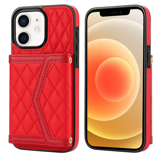 For iPhone 12 mini Splicing Rhombic Texture Card Bag Phone Case with Long Lanyard(Red) - iPhone 12 mini Cases by buy2fix | Online Shopping UK | buy2fix