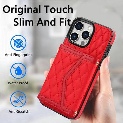 For iPhone 12 mini Splicing Rhombic Texture Card Bag Phone Case with Long Lanyard(Red) - iPhone 12 mini Cases by buy2fix | Online Shopping UK | buy2fix