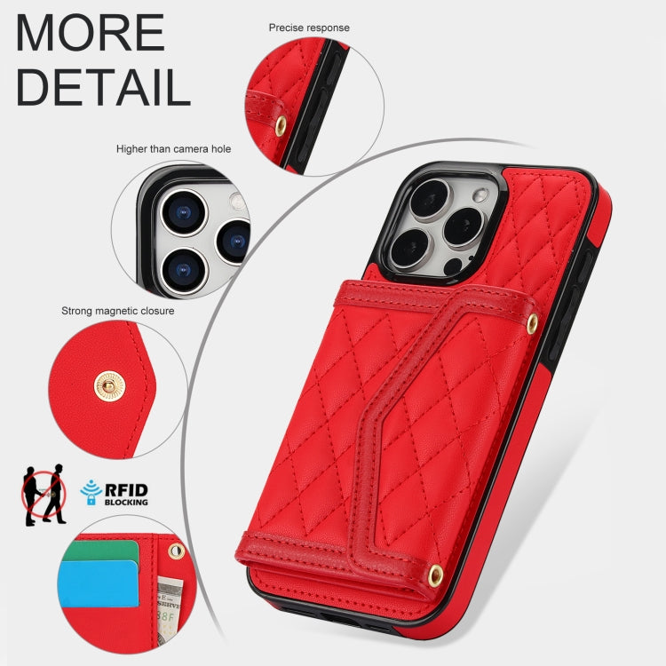 For iPhone 12 mini Splicing Rhombic Texture Card Bag Phone Case with Long Lanyard(Red) - iPhone 12 mini Cases by buy2fix | Online Shopping UK | buy2fix