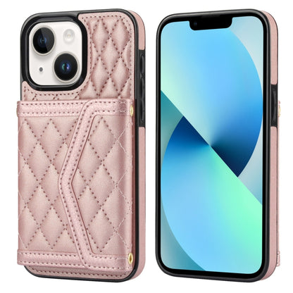 For iPhone 13 mini Splicing Rhombic Texture Card Bag Phone Case with Long Lanyard(Rose Gold) - iPhone 13 mini Cases by buy2fix | Online Shopping UK | buy2fix