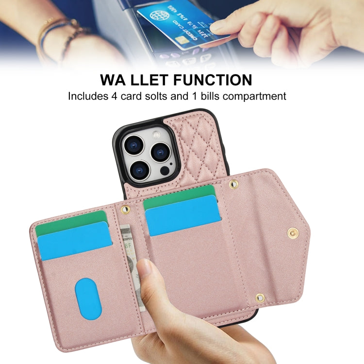 For iPhone 13 mini Splicing Rhombic Texture Card Bag Phone Case with Long Lanyard(Rose Gold) - iPhone 13 mini Cases by buy2fix | Online Shopping UK | buy2fix