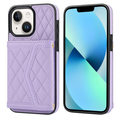 For iPhone 13 mini Splicing Rhombic Texture Card Bag Phone Case with Long Lanyard(Purple) - iPhone 13 mini Cases by buy2fix | Online Shopping UK | buy2fix
