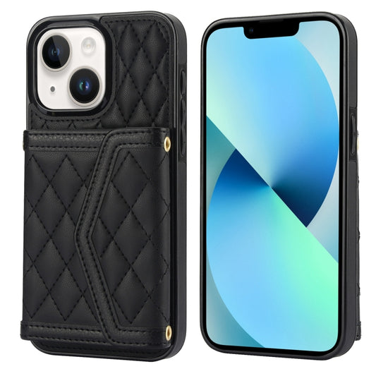 For iPhone 13 mini Splicing Rhombic Texture Card Bag Phone Case with Long Lanyard(Black) - iPhone 13 mini Cases by buy2fix | Online Shopping UK | buy2fix