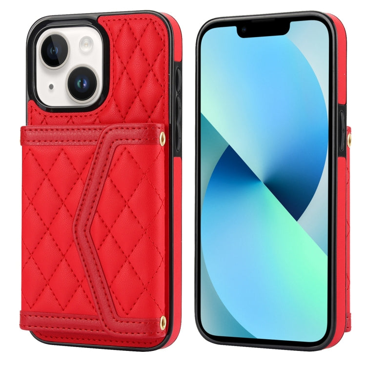 For iPhone 13 mini Splicing Rhombic Texture Card Bag Phone Case with Long Lanyard(Red) - iPhone 13 mini Cases by buy2fix | Online Shopping UK | buy2fix