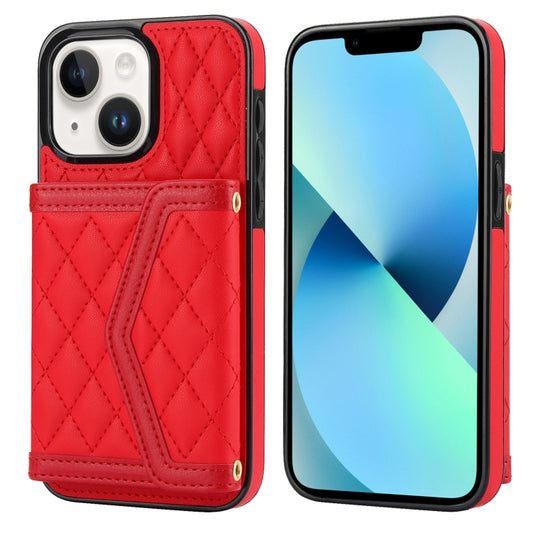 For iPhone 13 mini Splicing Rhombic Texture Card Bag Phone Case with Long Lanyard(Red) - iPhone 13 mini Cases by buy2fix | Online Shopping UK | buy2fix