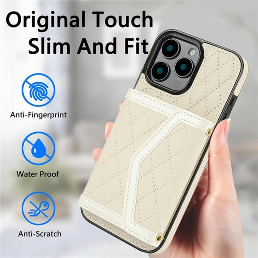 For iPhone 16 Pro Max Splicing Rhombic Texture Card Bag Phone Case with Long Lanyard(Beige) by buy2fix