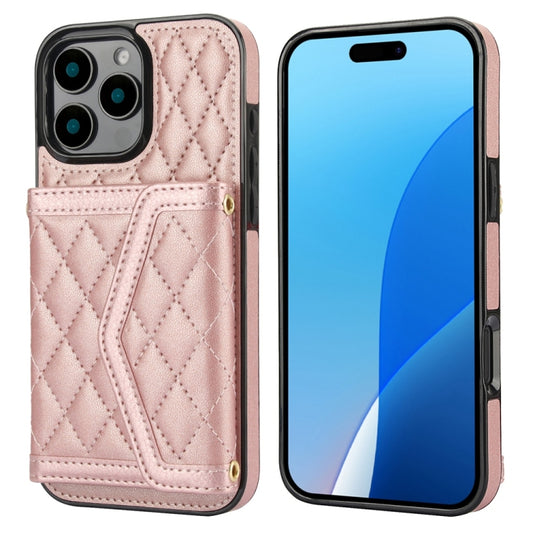 For iPhone 16 Pro Splicing Rhombic Texture Card Bag Phone Case with Long Lanyard(Rose Gold) - iPhone 16 Pro Cases by buy2fix | Online Shopping UK | buy2fix