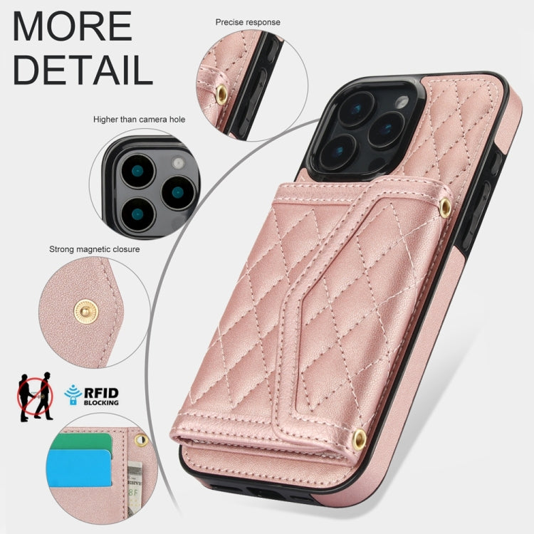 For iPhone 16 Pro Splicing Rhombic Texture Card Bag Phone Case with Long Lanyard(Rose Gold) - iPhone 16 Pro Cases by buy2fix | Online Shopping UK | buy2fix