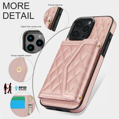 For iPhone 16 Pro Splicing Rhombic Texture Card Bag Phone Case with Long Lanyard(Rose Gold) - iPhone 16 Pro Cases by buy2fix | Online Shopping UK | buy2fix